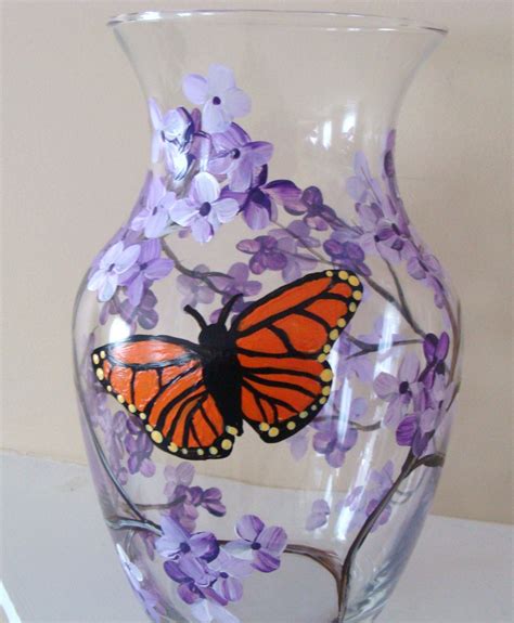 Monarch Butterfly Vase Lilacs Home Decor Floral Etsy Painted Glass Vases Painting Glassware