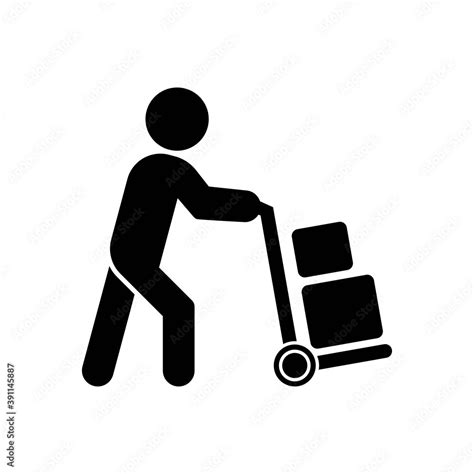 Vector Delivery Man Pushing Hand Truck Icon Cargo Trolley Symbol On