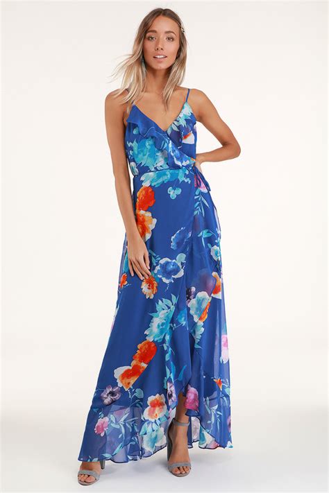 Lovely Royal Blue Floral Print Dress Wrap Dress Maxi Dress Lulus