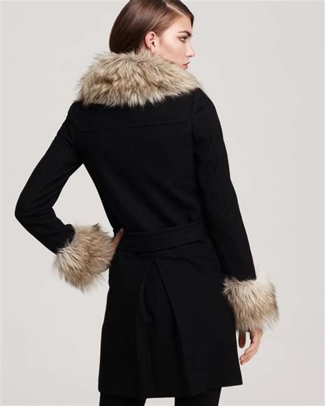 Juicy Couture Belted Coat With Faux Fur Trim In Black Lyst