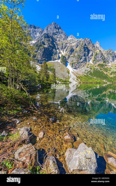 Reflection Of Mountain Peaks In Beautiful Green Water Morskie Oko Lake