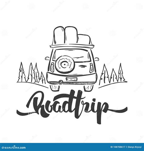 Vector Illustration Hand Drawn Travel Car And Handwritten Lettering Of