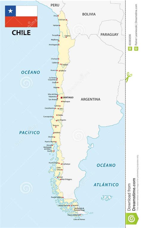 Karte von chile (regionen von chile). Chile-Karte mit Flagge stock abbildung. Illustration von ...