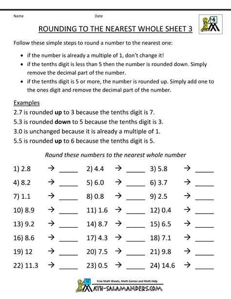 Rounding Numbers To The Nearest Whole Number Worksheet