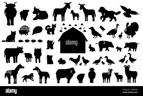 Set Of Silhouette Cartoon Farm Animals Vector Cute Collection Of