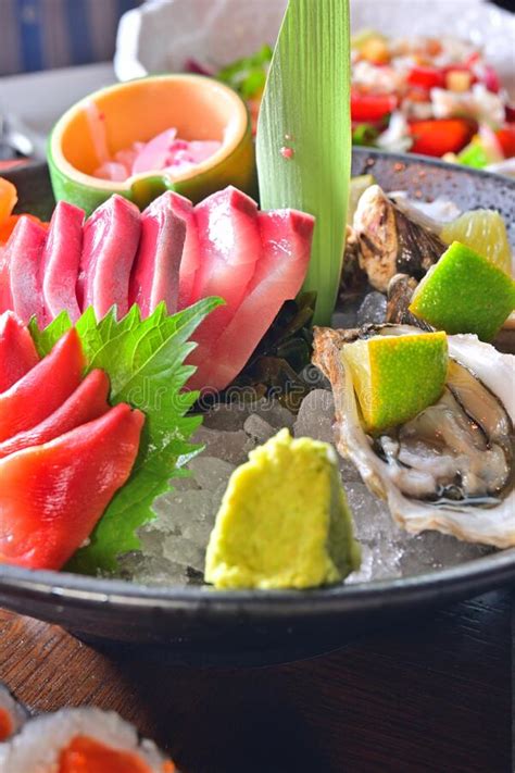 Assorted Japanese Salmon Sashimi Oyster Platter Stock Image Image Of