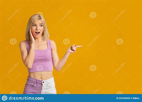 Wow Look There Shocked Young Lady Pointing Finger At Empty Space