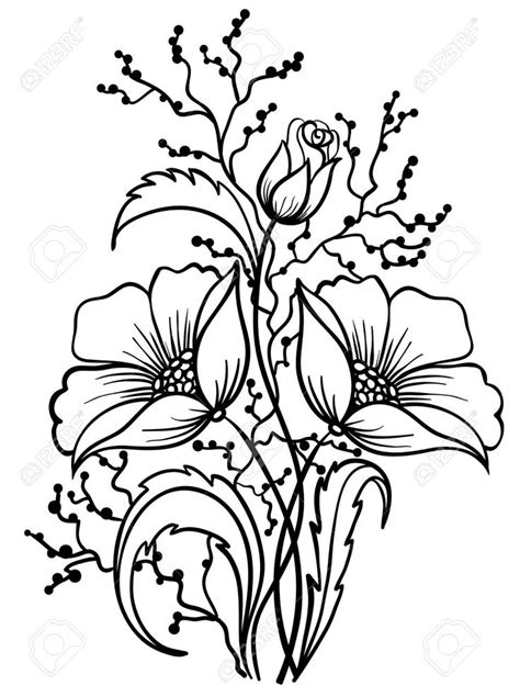 Arrangement Von Blumen Schwarz Und Weiß Skizzieren Zeichnen Von Linien