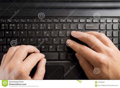 Fingers Pressing Keyboard Key On Laptop Hands With Computer Stock