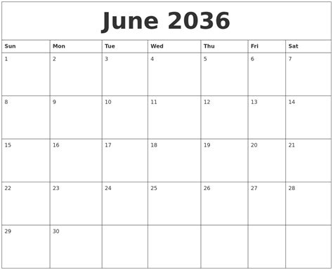 June 2036 Word Calendar