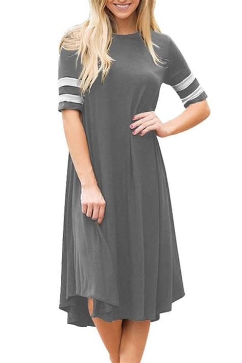 Striped Half Sleeves O Neck Flowy Gray Jersey Dress Women Dresses