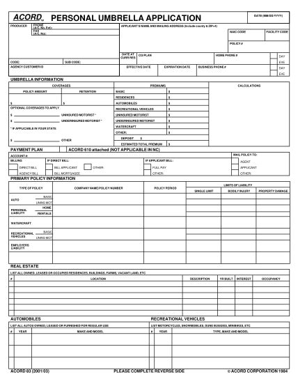 Fillable Umbrella Acord Form Printable Forms Free Online