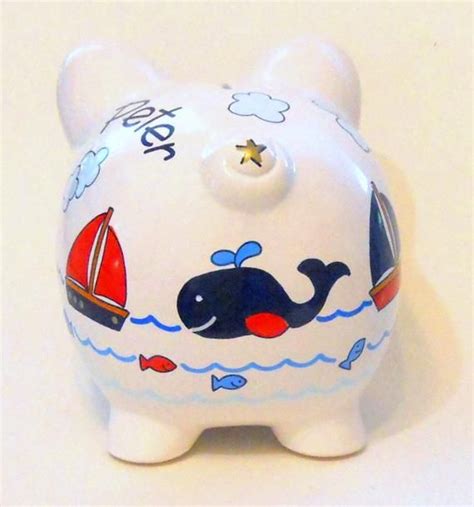Buy ganz mini ceramic piggy bank blue piggy bank: Personalized Piggy Bank Navy Blue Whales with Sailboats ...
