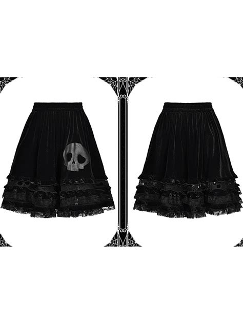 Gothic Witch Skull Black Velvet Ruffle Skirt