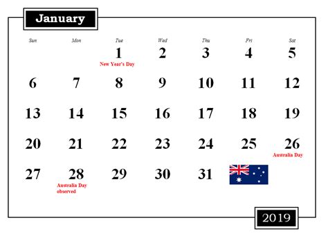 Australia 2019 Printable Calendar With Holidays With Images