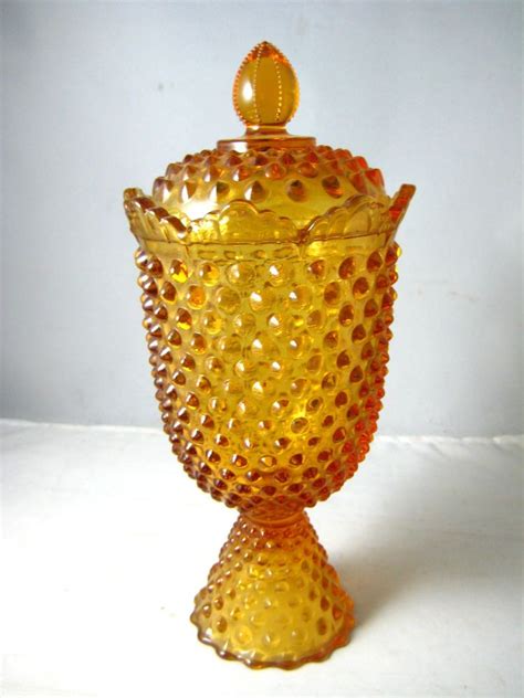 Impressive 11 Tall Fenton Candy Dish In Lovely Hobnail Amber Color Amber Hobnail