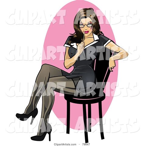 Sexy Brunette Secretary Pinup Woman Sitting In A Black Dress Clipart By