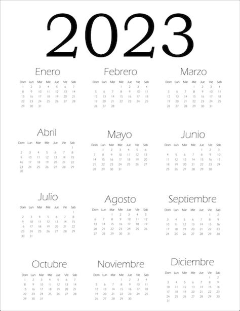 Calendario Blanco Y Negro 2023 Español Premium Vector