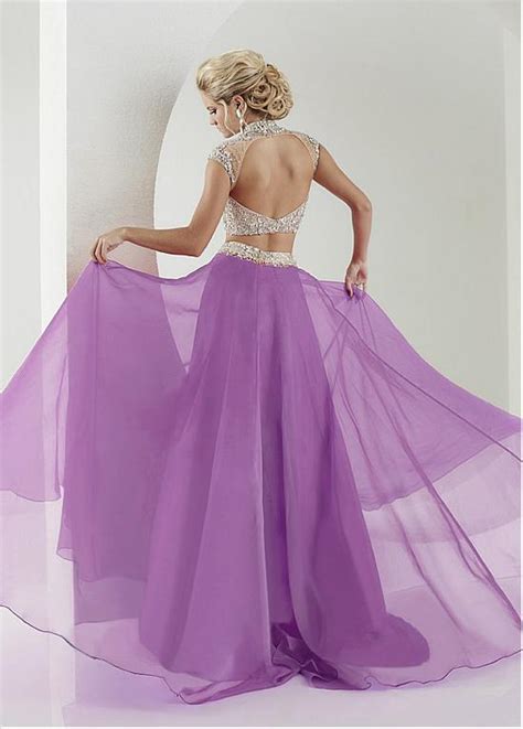 Light Purple Luxury Beaded Tank Two Piece Prom Dress Sexy Backless