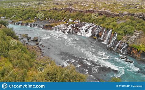 Hraunfossar Waterfalls Iceland Aerial View From Drone On A Summer Day
