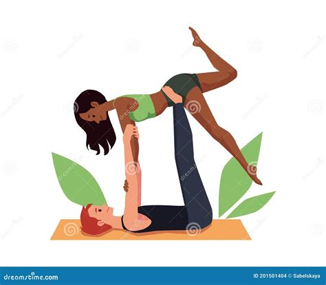 Romantic Couple Doing Gymnastics Together Flat Vector Illustration