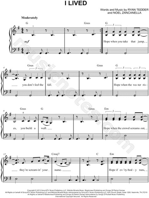 Onerepublic I Lived Sheet Music Easy Piano In G Major Download