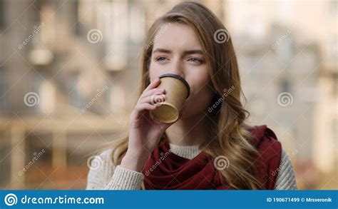 Smiling Girl Face Drinking Coffee Outdoors Pretty Woman Sipping Hot