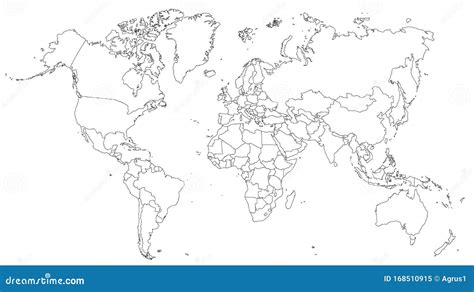 Vector Political Map Of World Black Outline On White Background With 2dd
