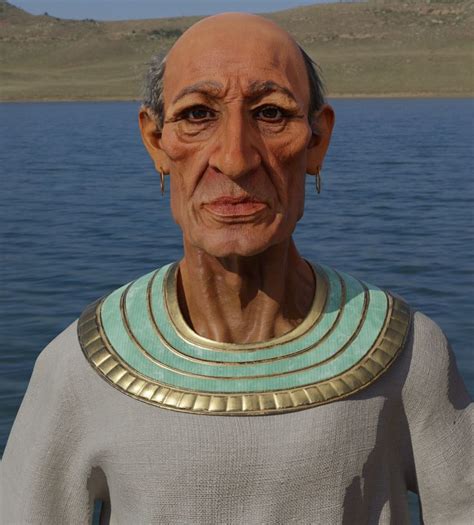 an old egyptian man is standing in front of the water with his head tilted to the side