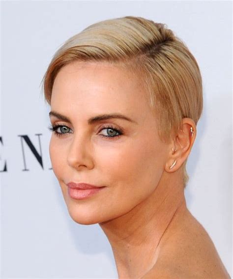 Charlize Theron Blonde Pixie Haircut With Side Swept Bangs
