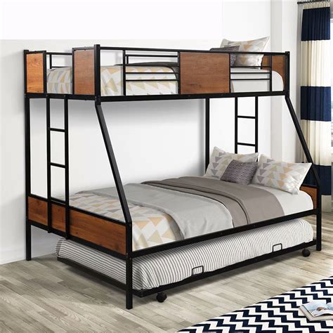 Metal Bunk Bed Twin Over Full Size Bunk Bed Frame Wtrundle And Two Side Ladders Both Capacity