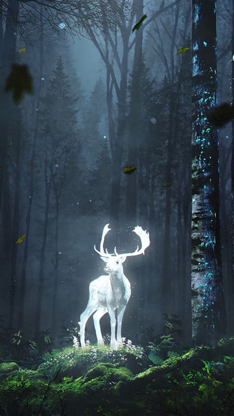Download Wallpaper 750x1334 Forest Wild Deer Glow Fantasy Art