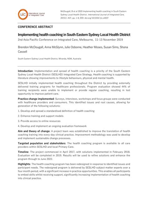 Pdf Implementing Health Coaching In South Eastern Sydney Local Health