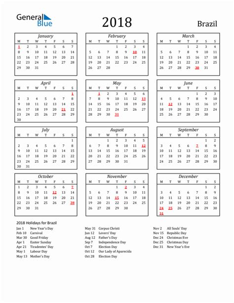 Free Printable 2018 Brazil Holiday Calendar