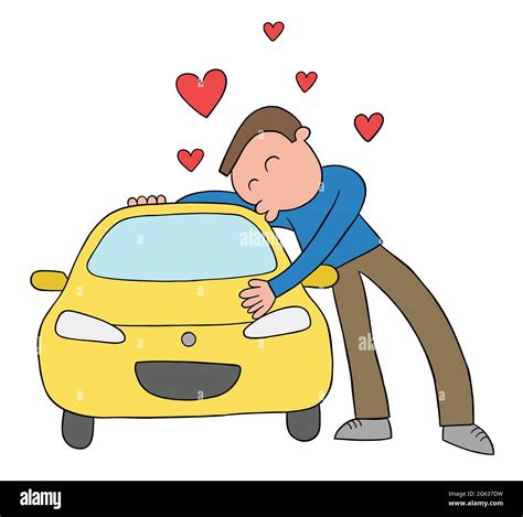 Cartoon Man Loves His Car And Hugs And Kisses Vector Illustration Colored And Black Outlines