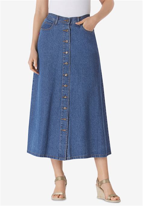 Button Front Long Denim Skirt Woman Within