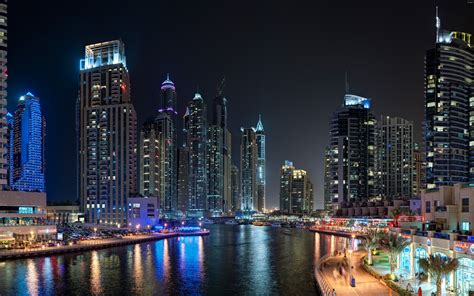 Download Wallpapers Dubai Downtown Skyscrapers Night City Lights