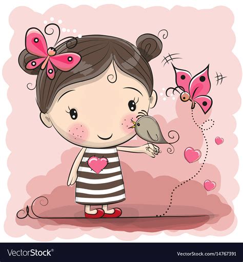 Cute Cartoon Girl With Bird Royalty Free Vector Image