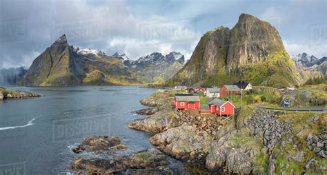 Town Of Hamnoy By Mountains In Moskenes Norway Europe Stock Photo