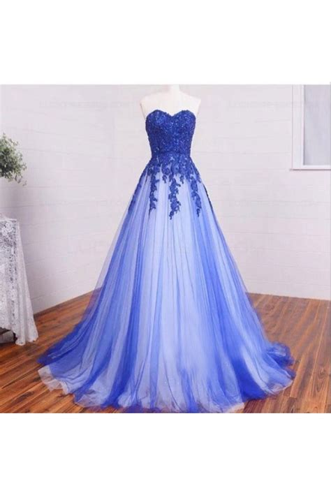 A Line Sweetheart Lace Appliques Long Blue White Prom Dresses Evening