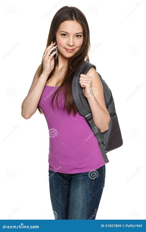 casual teen girl wearing backpack talking on cell phone stock image image of casual adult