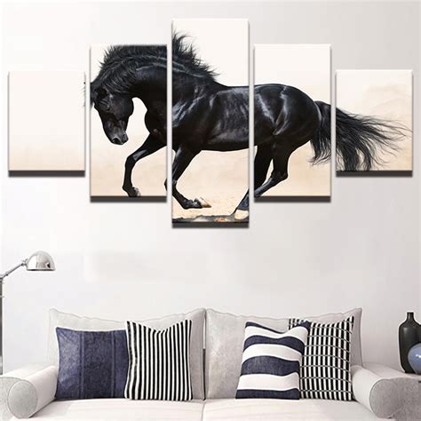 5 Pcsset Framed Hd Printed Animal Black Horse Wall Art