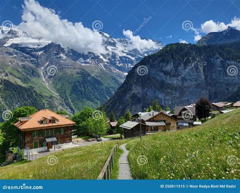 Scenic View Of Gimmelwald Village Stock Image Image Of Path Scenics