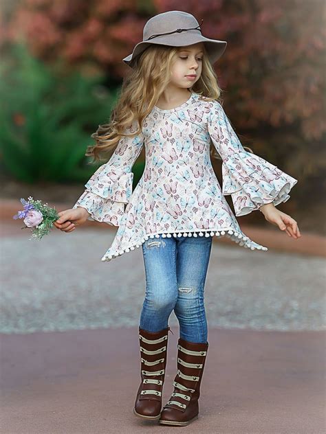Girls Tiered Boho Sleeve Sidetail Tunic With Pom Pom Trim Little Girl