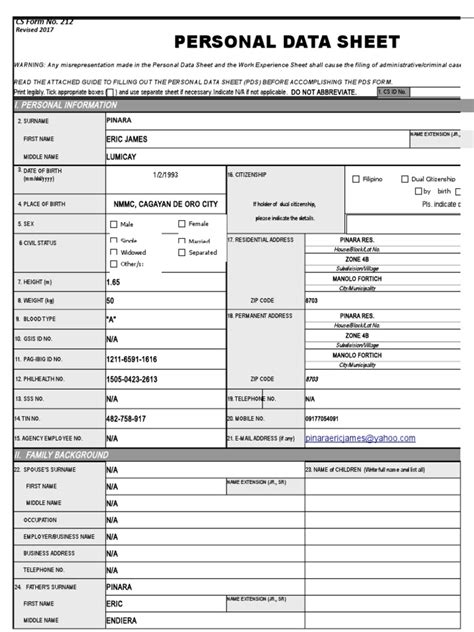 Personal Data Sheet Passport Government Information