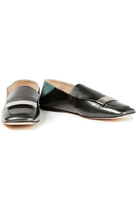 Sergio Rossi Sr1 Embellished Cracked Patent Leather And Suede Collapsible Heel Loafers Sale Up