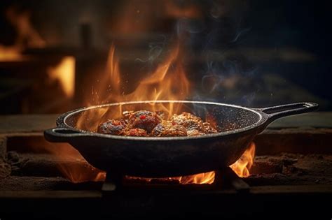 Premium Ai Image Flambe Fire In Frying Pan Professional Chef In A