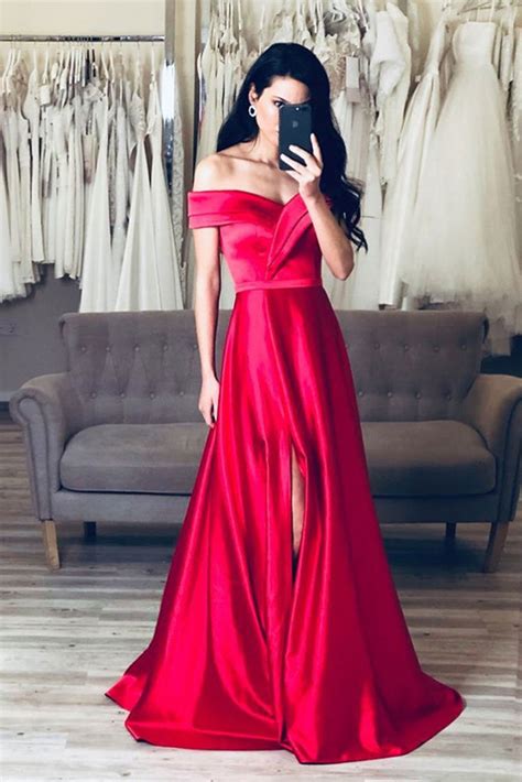 Simple Off Shoulder Red Satin Long Prom Dresses With Leg Slit Off The Abcprom
