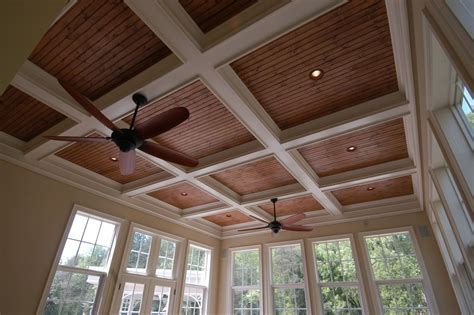 Want coffered ceilings that allow access to plumbing in the basement? Coffered ceiling with stained bead board and recessed ...