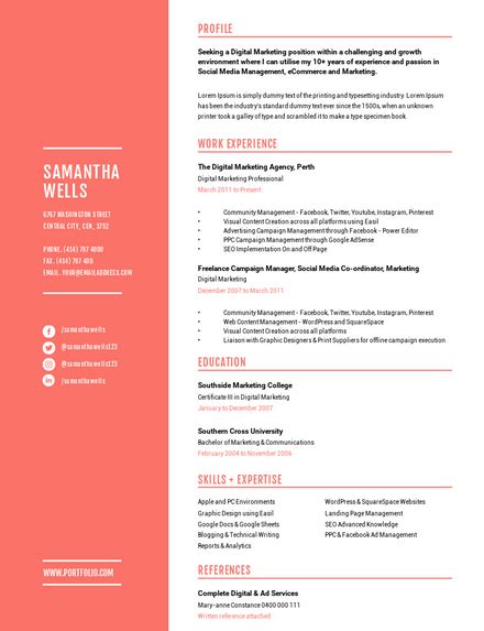 Coral And White Resume Template With Side Bar Highlight Letter Document